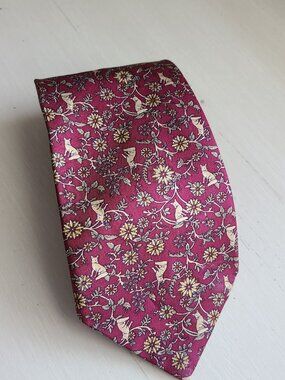 Burberrys Prorsum Silk Tie Floral Fox Woodland Animal Burgundy Vintage Luxury